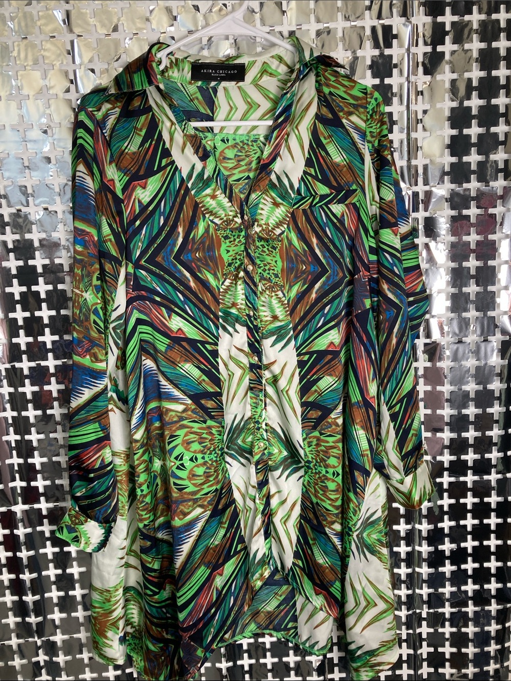 Akira Chicago Green Multi-Print V-Neck Tunic